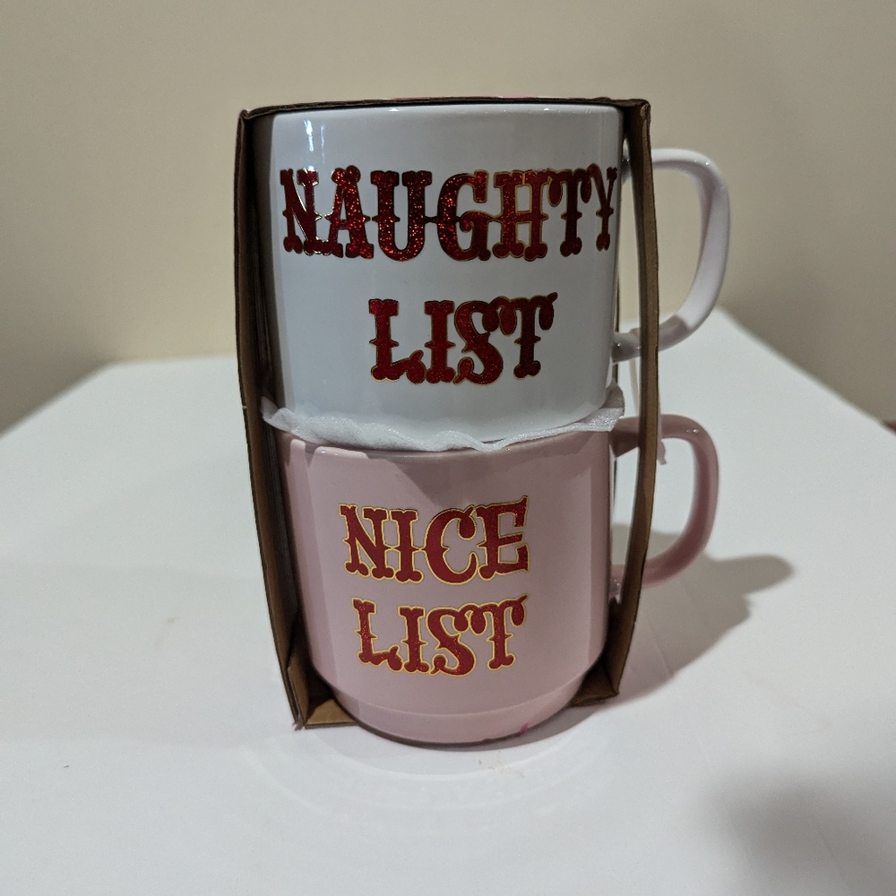 NEW Peppermint and Pine, 2 Stackable Mugs Naughty and Nice List